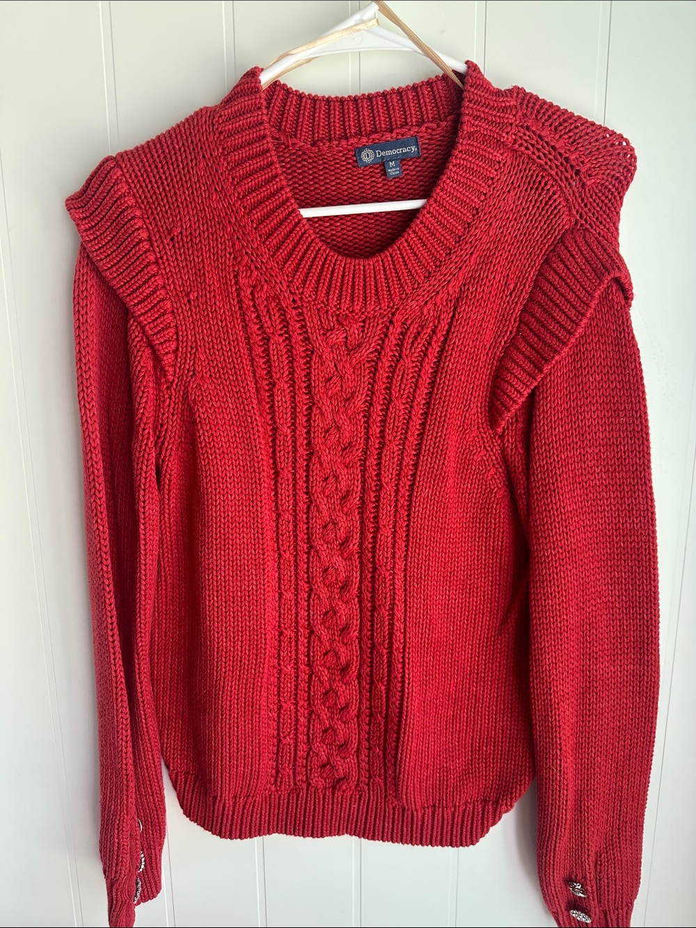 Democracy Crimson Cable-Knit Ruffle Shoulder Sweater